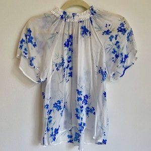 Bella Dahl High-Neck Blue + White Flowy Top, Short Sleeves, Womens S, NWOT!